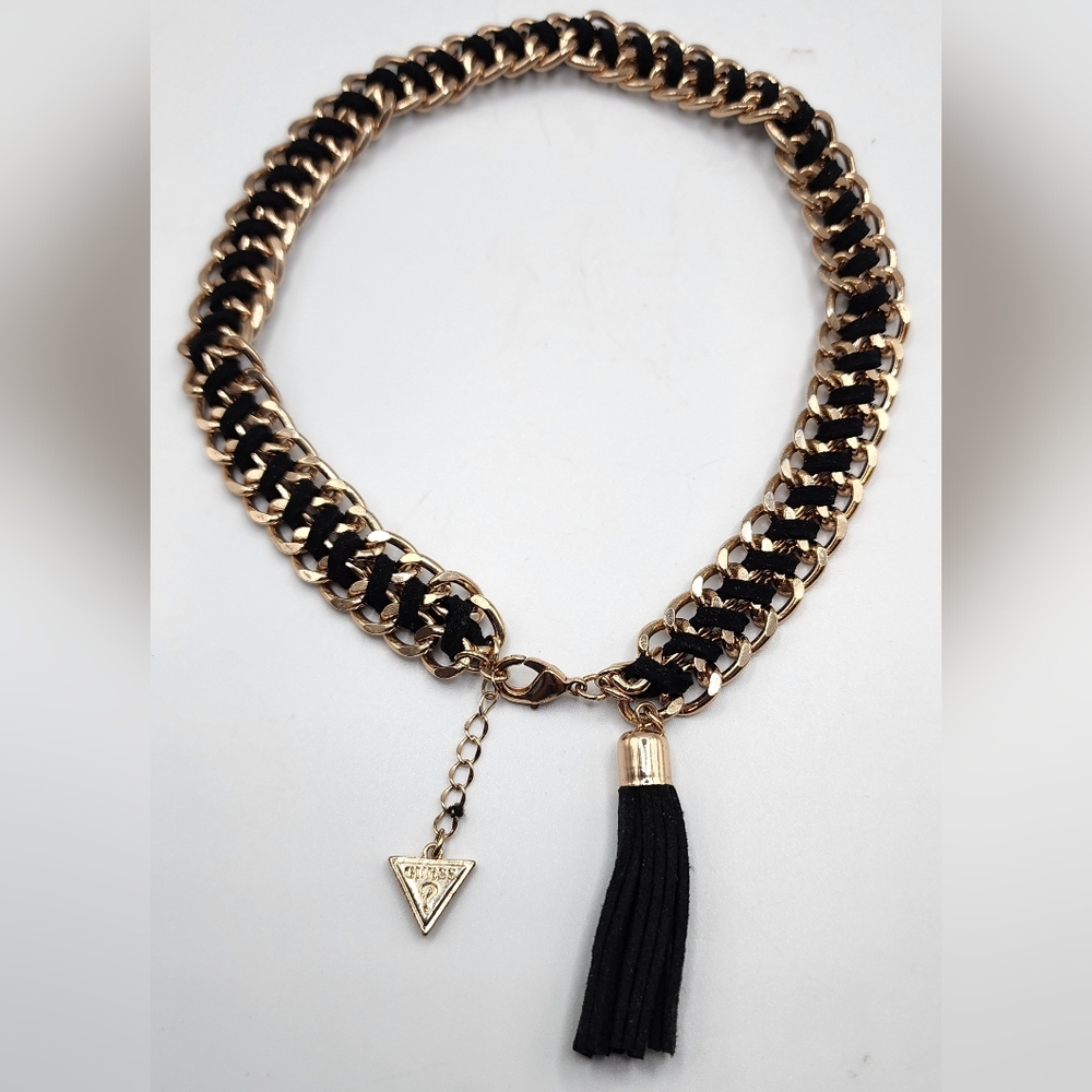 Guess Gold Tone Chunky Chain Link Necklace Black Leather Tassel Choker 15" 1" Ex